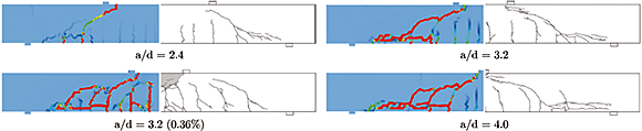 図-3　せん断供試体に対するひび割れ分布の比較例（左：解析結果，右：実験結果） img