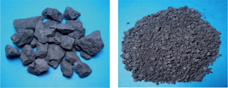 写真-4　電気炉酸化スラグ粗骨材（左）・電気炉酸化スラグ細骨材（右） img